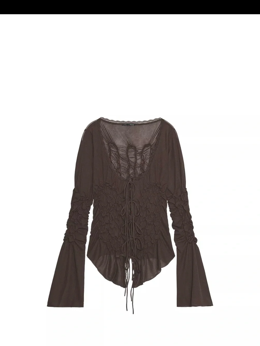 ZARA Brown Ruched Mesh Tie Front Top NWT Sheer Bell Sleeve Fairy Boho Size S